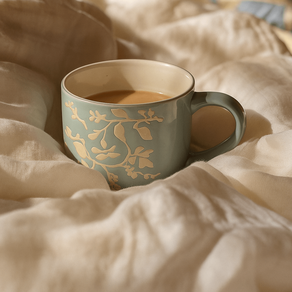 A pale blue ceramic mug on a soft white blanket — calming autumn tones to accompany World Mental Health Day 2025 self care blog post