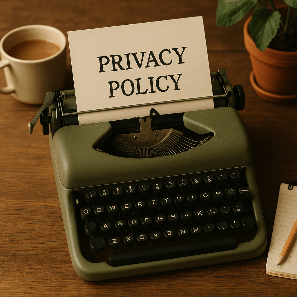 A vintage olive-green typewriter with “Privacy Policy” on the page, beside a mug of tea and a potted plant — calm and transparent, like Agatha and the Slugs.
