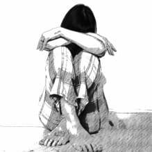 Black-and-white image of a woman sitting on the floor with her arms around her knees — symbolising exhaustion and low mood during menopause and mental health struggles. “Five small things that help when I’m struggling” blog post.