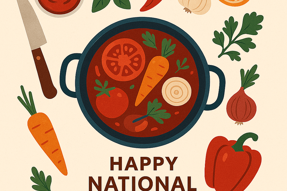 Flat digital illustration for National Cooking Day showing a pot of steaming vegetable stew with carrots, tomatoes, onions, and herbs, surrounded by cooking ingredients and utensils, with the text “Happy National Cooking Day” below.