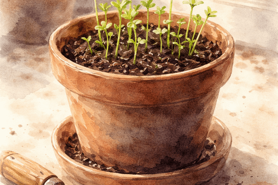 wildlife gardening in early spring watercolour of seedlings growing on a windowsill